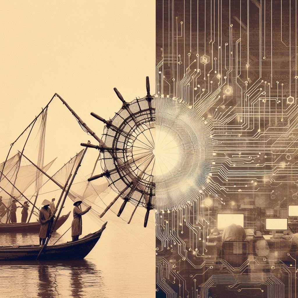 A vintage-styled sepia-toned photo montage. On one side, traditional fishermen casting their nets juxtaposed against modern digital professionals on the other, immersed in lines of code and digital design. In the center, where the two worlds merge, place a symbolic representation of 'Net Profit' like a classic ship's wheel intertwined with a digital circuit pattern.