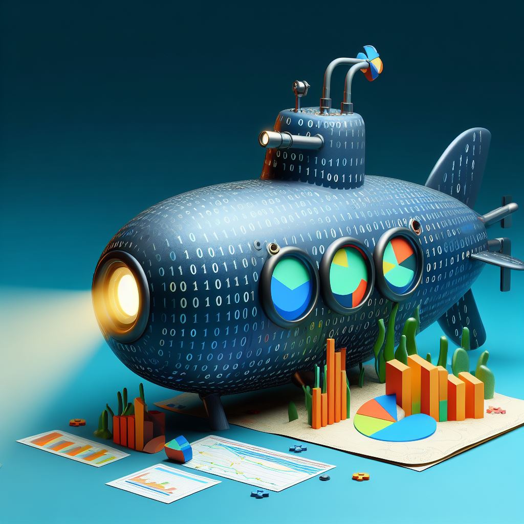 A stylized submarine made of binary code, equipped with a searchlight, uncovering data treasures like pie charts and graphs at the ocean floor.
